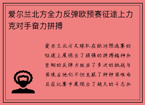 爱尔兰北方全力反弹欧预赛征途上力克对手奋力拼搏