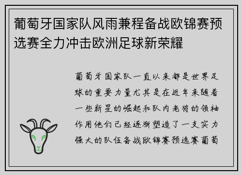 葡萄牙国家队风雨兼程备战欧锦赛预选赛全力冲击欧洲足球新荣耀